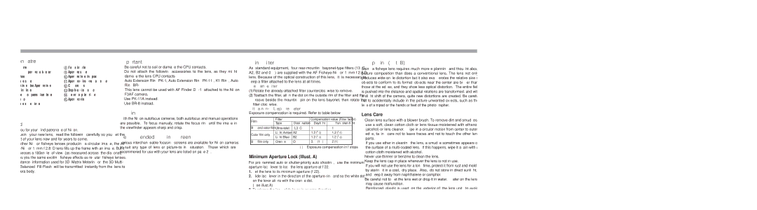 Nikon 1910 Nomenclature, Using Filters, Composing Illust. B, Forward, Recommended Focusing Screens, Lens Care 