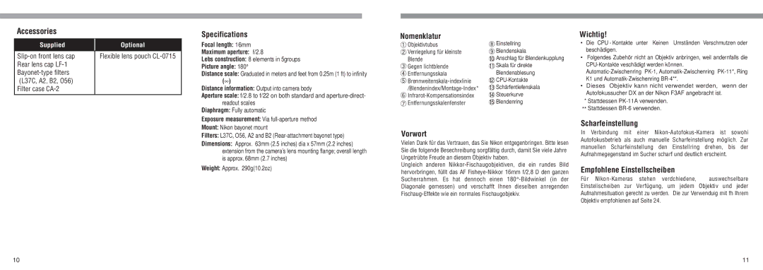 Nikon AF Fisheye-Nikkor 16mm f/2.8, 1910 instruction manual Accessories 