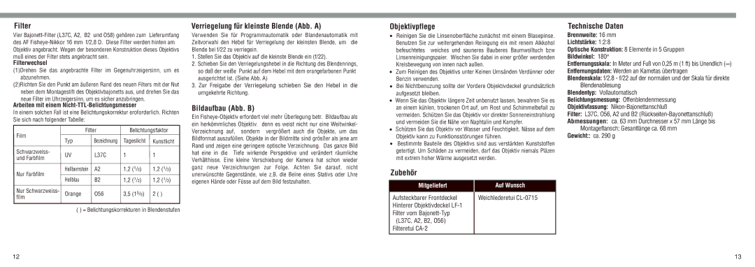 Nikon 1910, AF Fisheye-Nikkor 16mm f/2.8 instruction manual Zubehör 