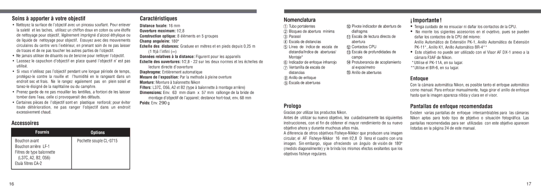 Nikon 1910 instruction manual Soins à apporter à votre objectif, Caractéristiques, Nomenclatura, ¡ Importante, Accessoires 