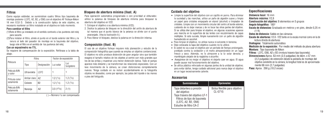 Nikon AF Fisheye-Nikkor 16mm f/2.8, 1910 instruction manual Accesorios 