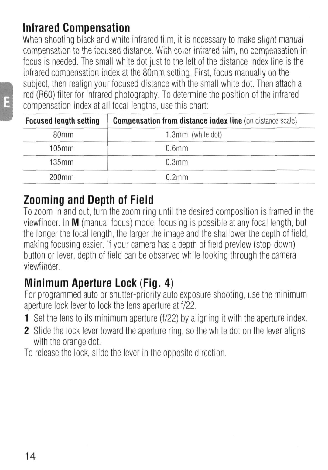 Nikon 1986 instruction manual Infrared Compensation, Zooming and Depth of Field, Minimum Aperture Lock Fig 