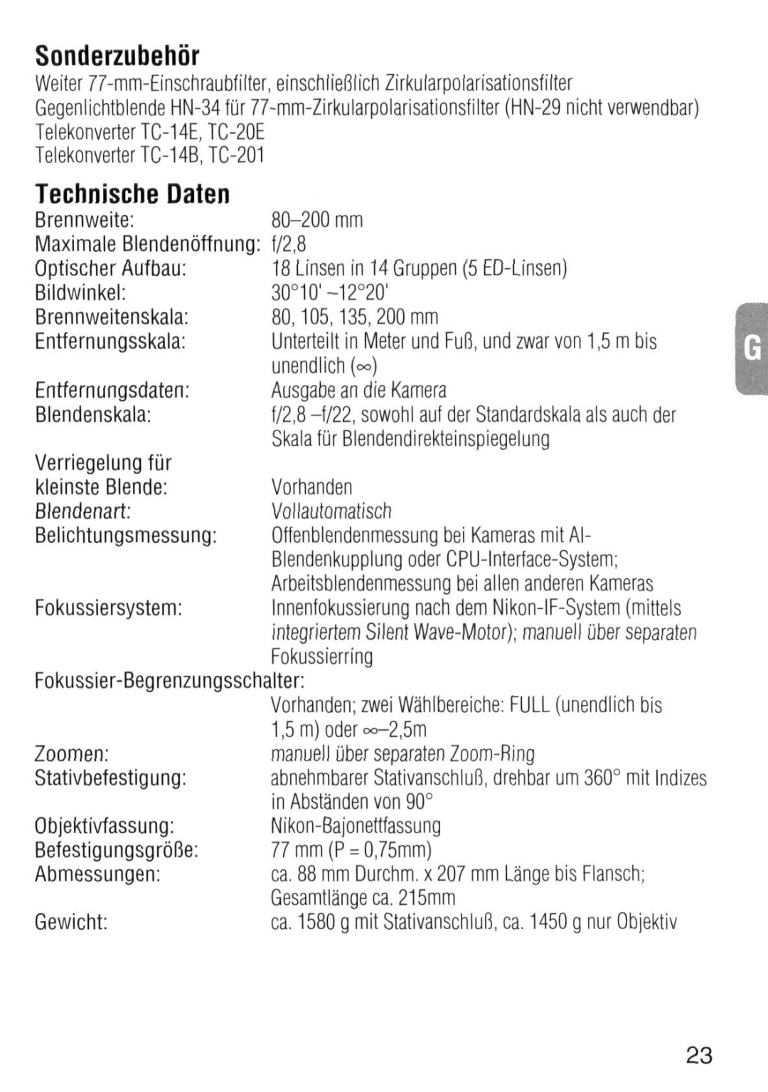 Nikon 1986 instruction manual Sonderzubehor, Technische Daten 