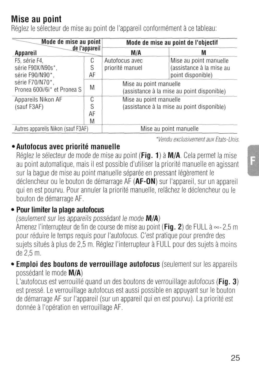 Nikon 1986 instruction manual Appareil, Mode de mise au point de Iobjectit 