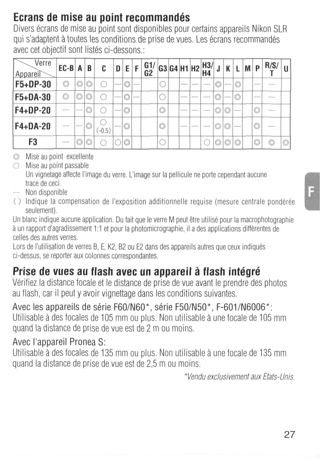 Nikon 1986 instruction manual Ecrans de mise an point recommandes, Prise de vues au flash avec un appareil a flash integre 