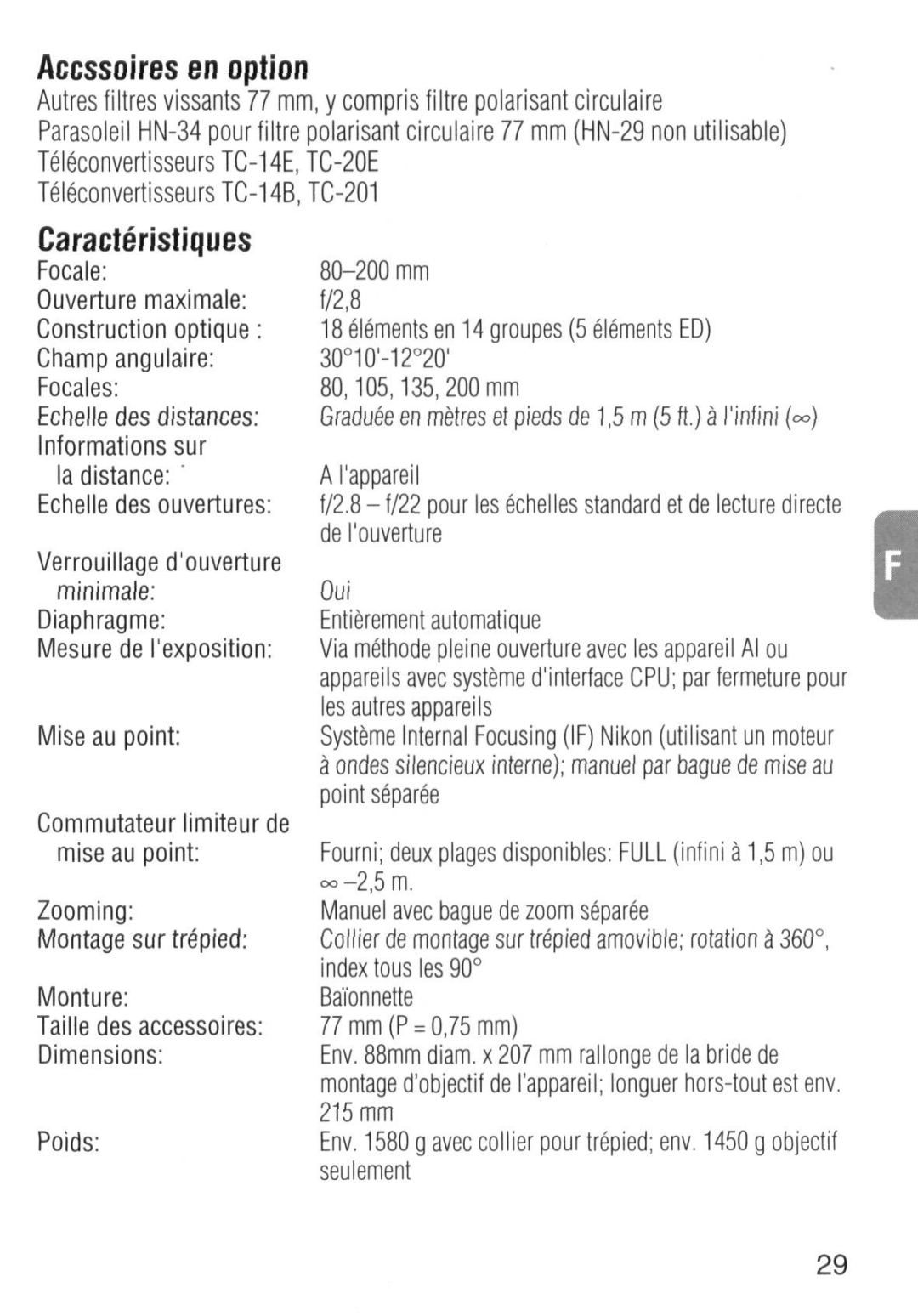 Nikon 1986 instruction manual Accssoires en option, Caracteristiques 