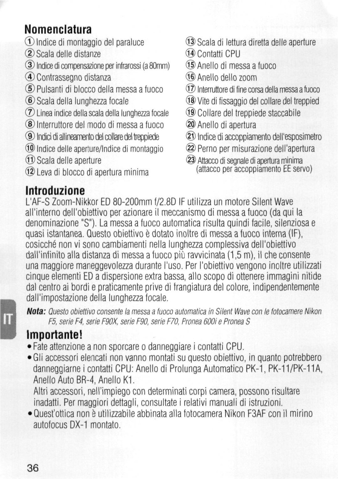 Nikon 1986 instruction manual Introduzione, Importante 