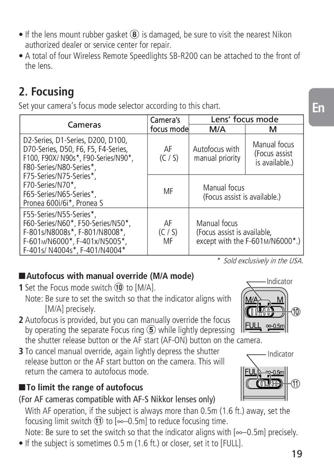 Nikon 4129, 2160 instruction manual Focusing, Autofocus with manual override M/A mode, To limit the range of autofocus 