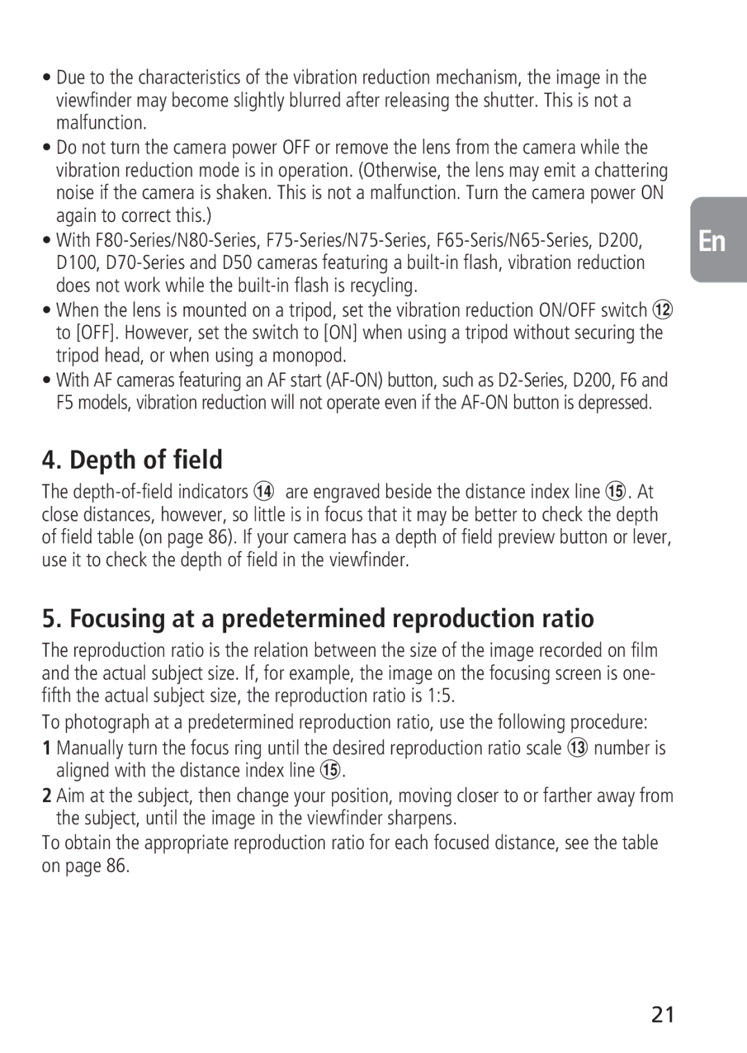 Nikon 4129, 2160 instruction manual Depth of field, Focusing at a predetermined reproduction ratio 