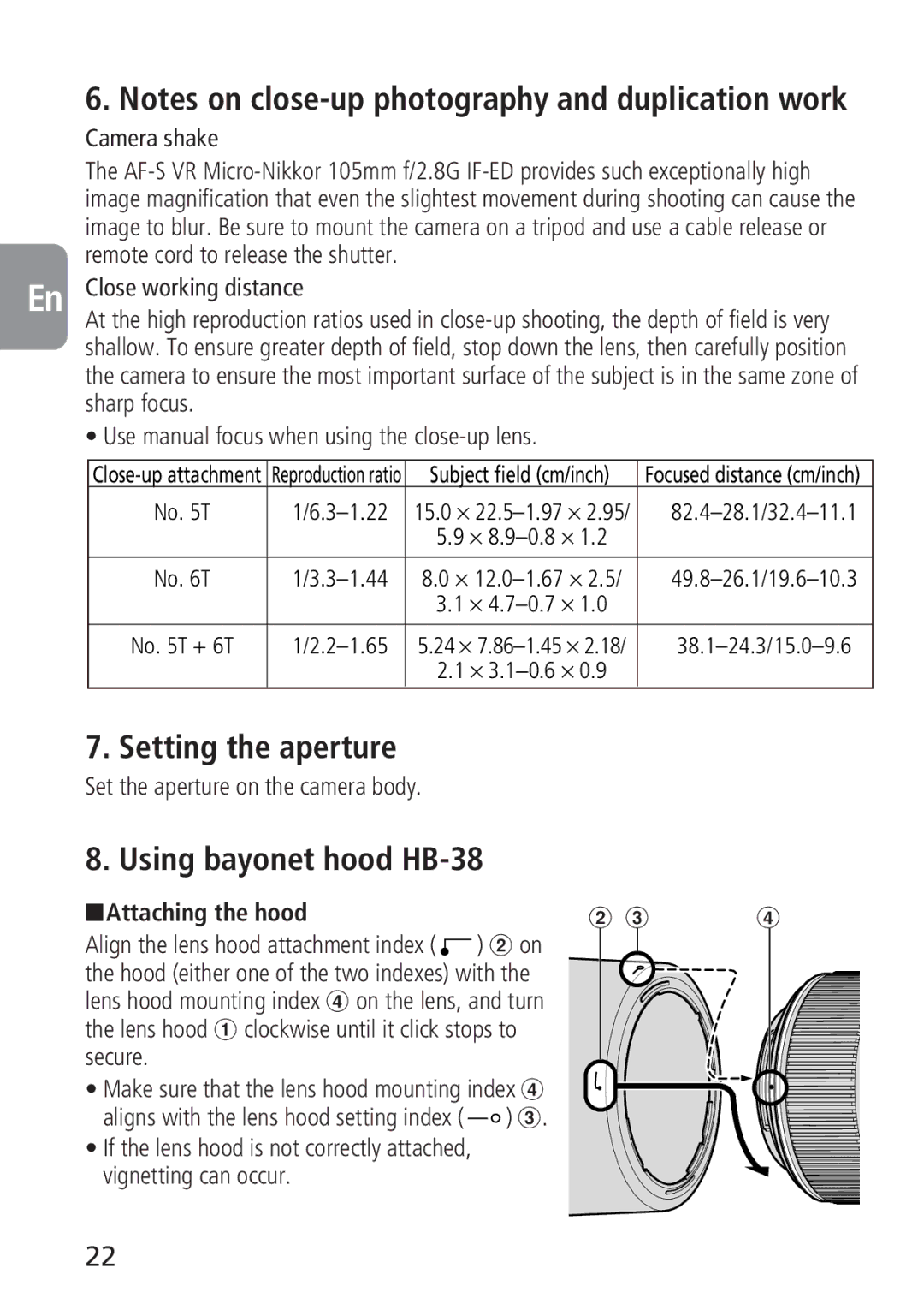 Nikon 2160, 4129 instruction manual Setting the aperture, Using bayonet hood HB-38, Attaching the hood 