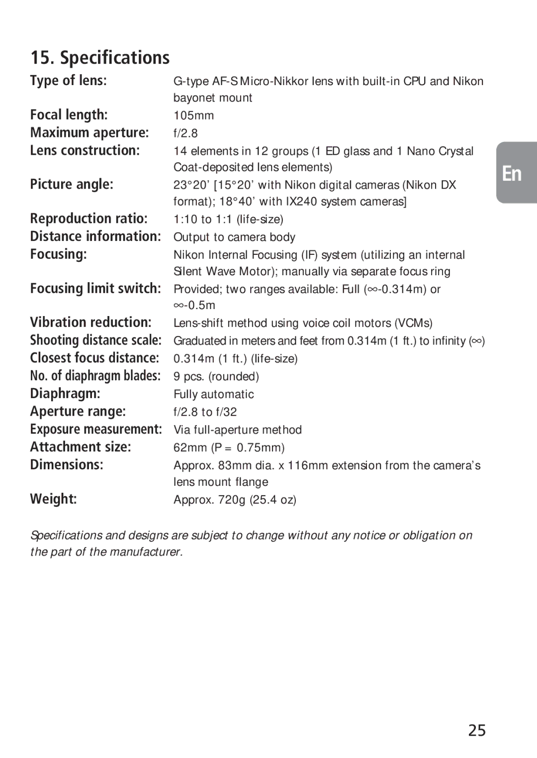 Nikon 4129, 2160 instruction manual Specifications 