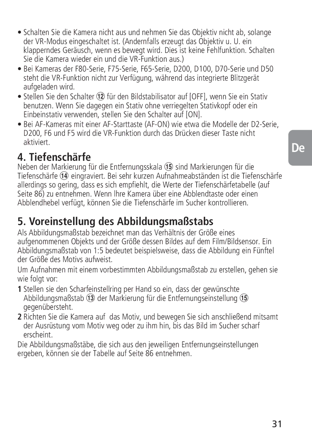 Nikon 4129, 2160 instruction manual Tiefenschärfe, Voreinstellung des Abbildungsmaßstabs, Aktiviert 