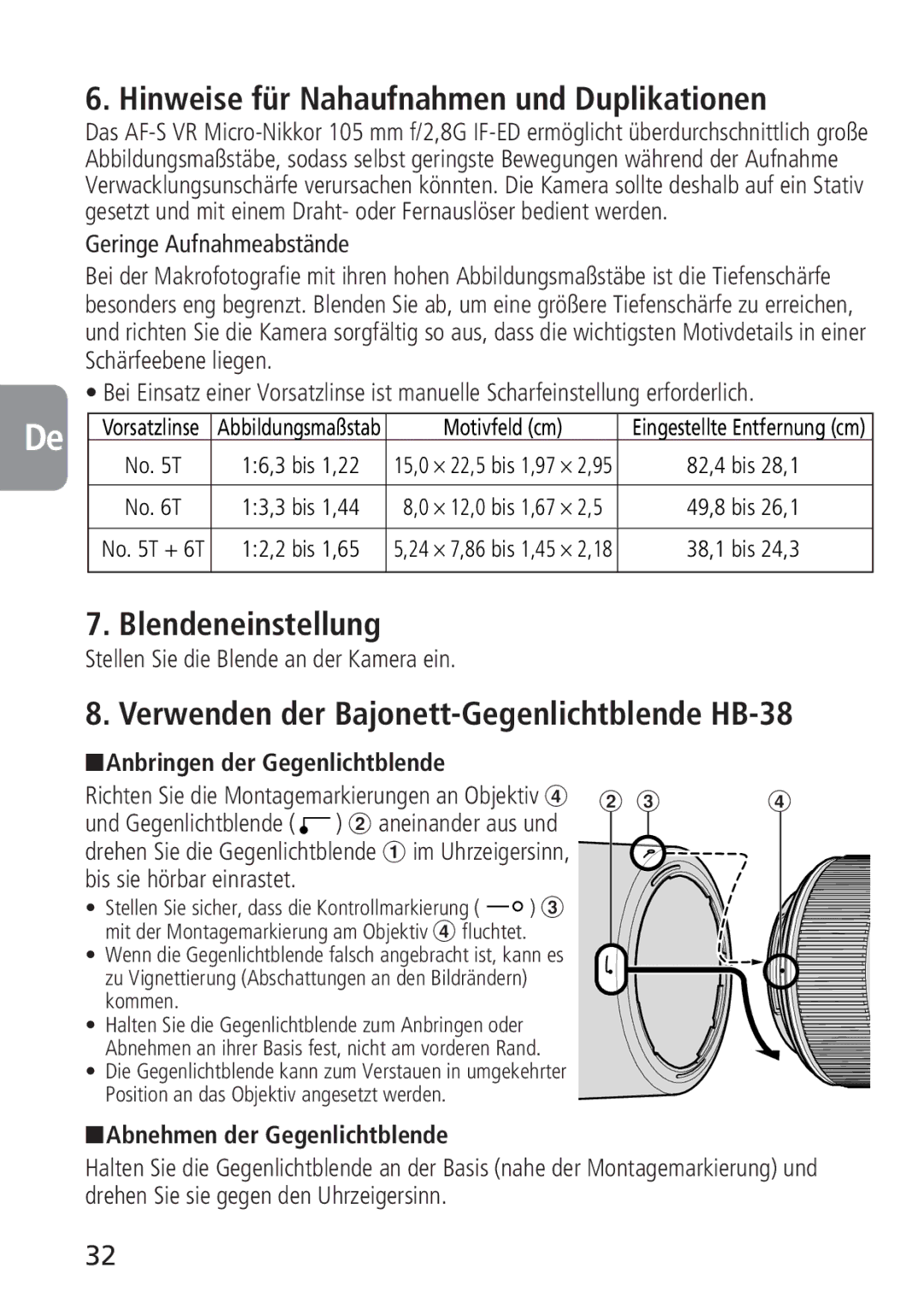 Nikon 2160, 4129 Hinweise für Nahaufnahmen und Duplikationen, Blendeneinstellung, Anbringen der Gegenlichtblende 