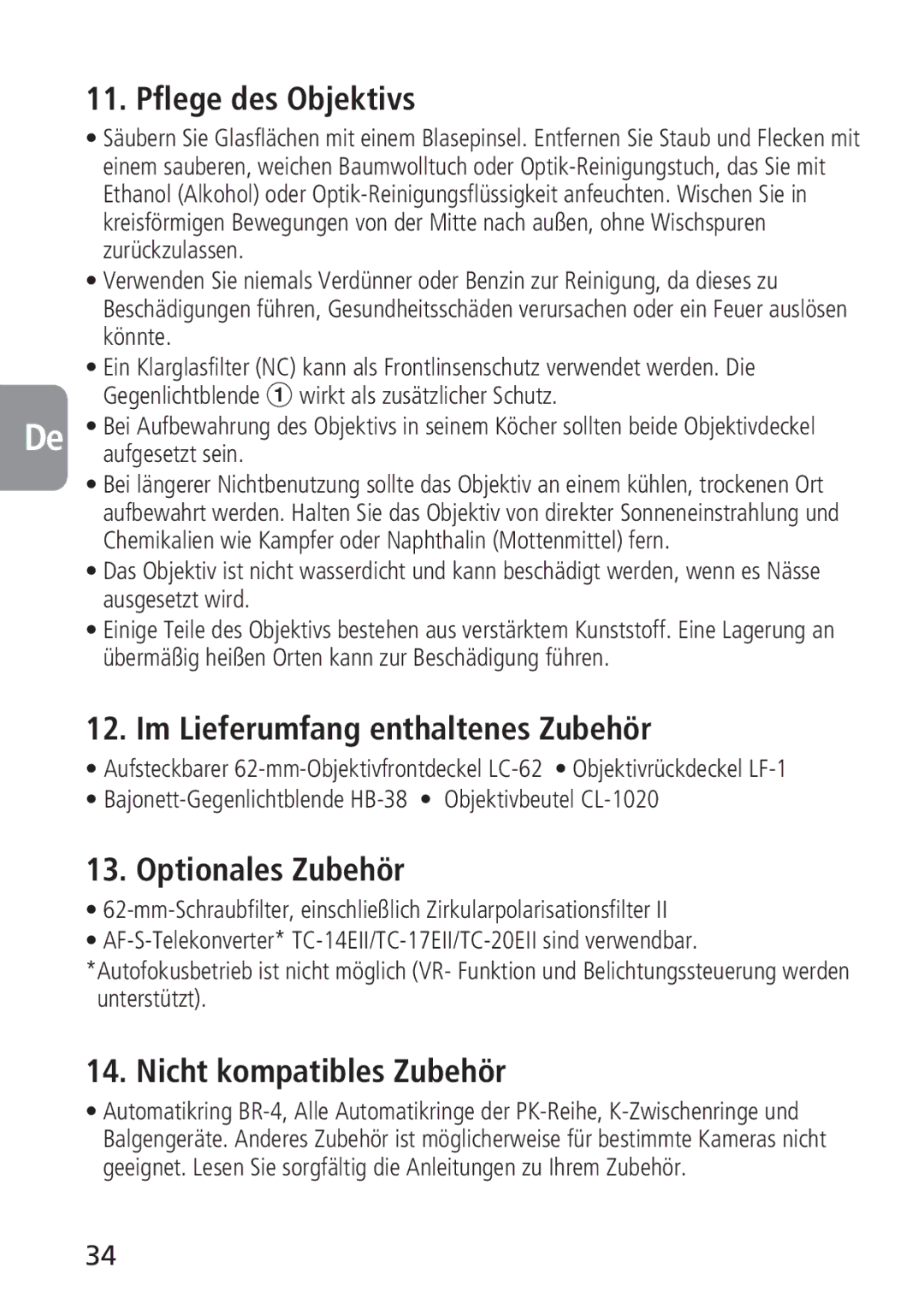 Nikon 2160, 4129 Pflege des Objektivs, Im Lieferumfang enthaltenes Zubehör, Optionales Zubehör, Nicht kompatibles Zubehör 