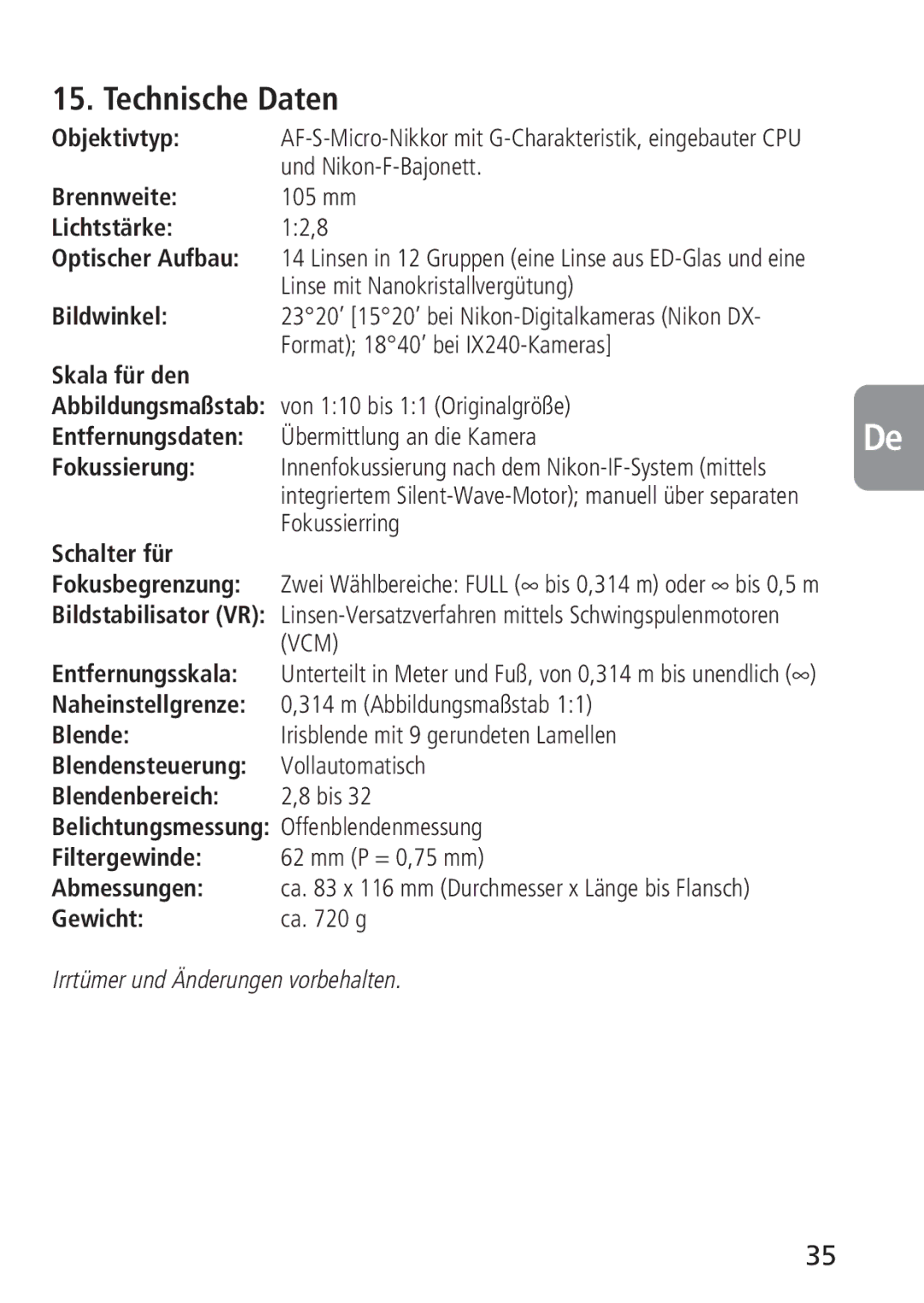 Nikon 4129, 2160 instruction manual Technische Daten 