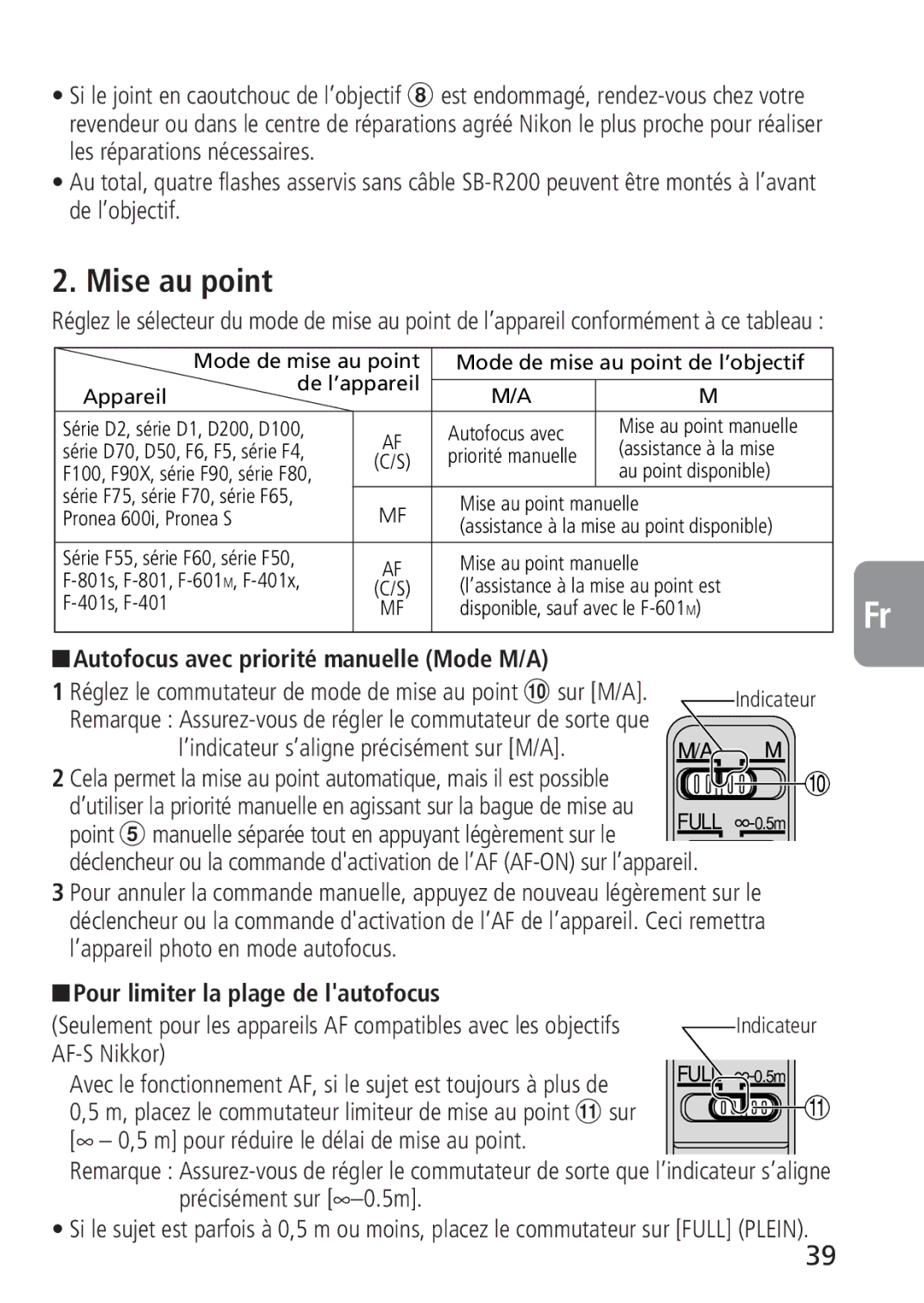 Nikon 4129 Mise au point, Autofocus avec priorité manuelle Mode M/A, ’indicateur s’aligne précisément sur M/A, AF-S Nikkor 