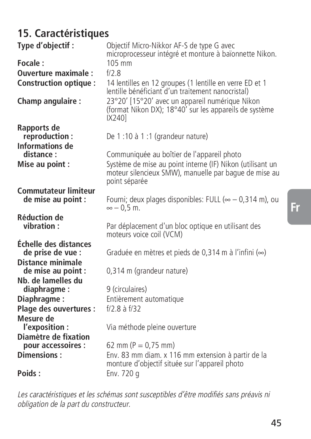 Nikon 4129, 2160 instruction manual Caractéristiques 