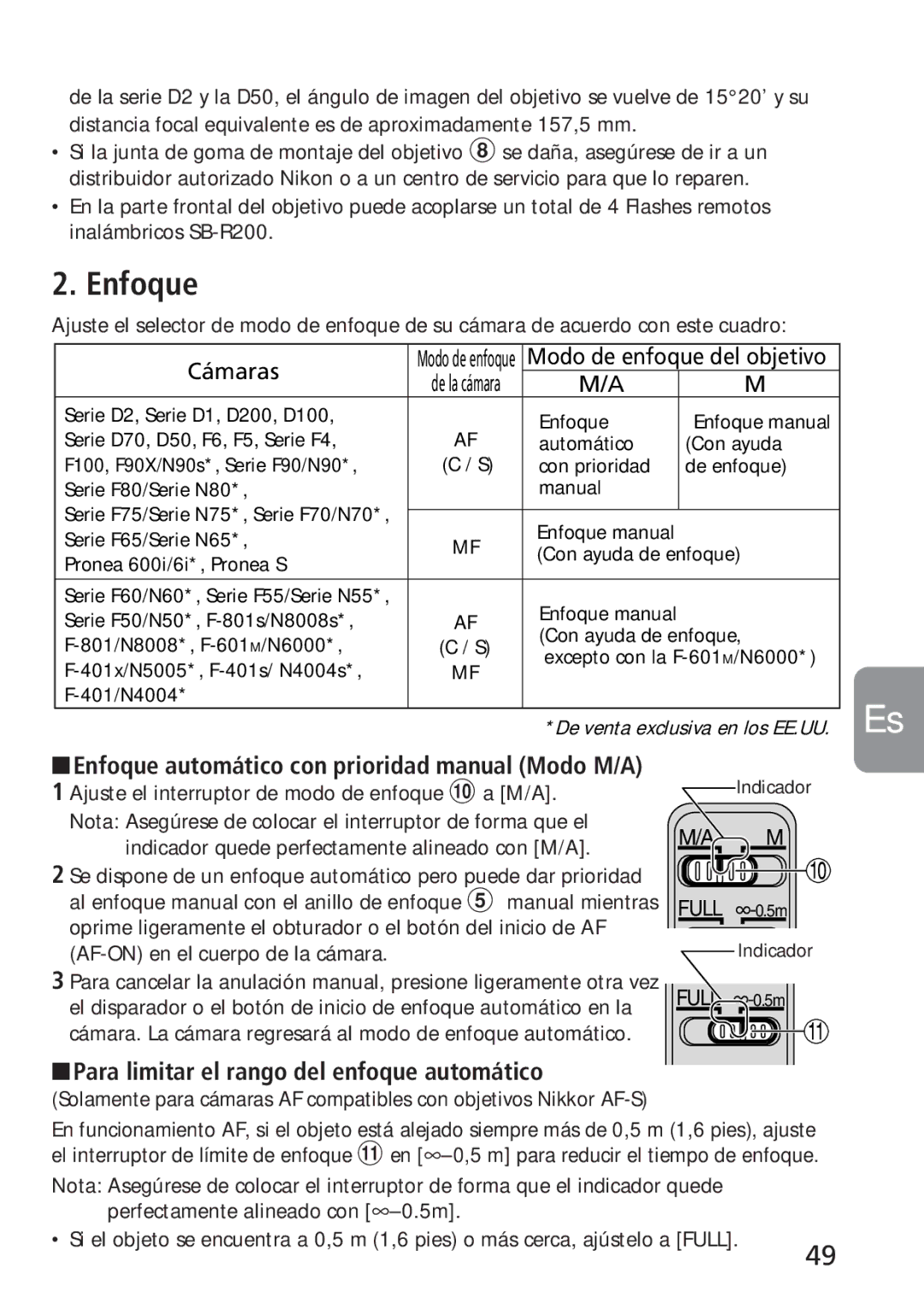 Nikon 4129, 2160 Enfoque, Indicador quede perfectamente alineado con M/A, Para limitar el rango del enfoque automático 