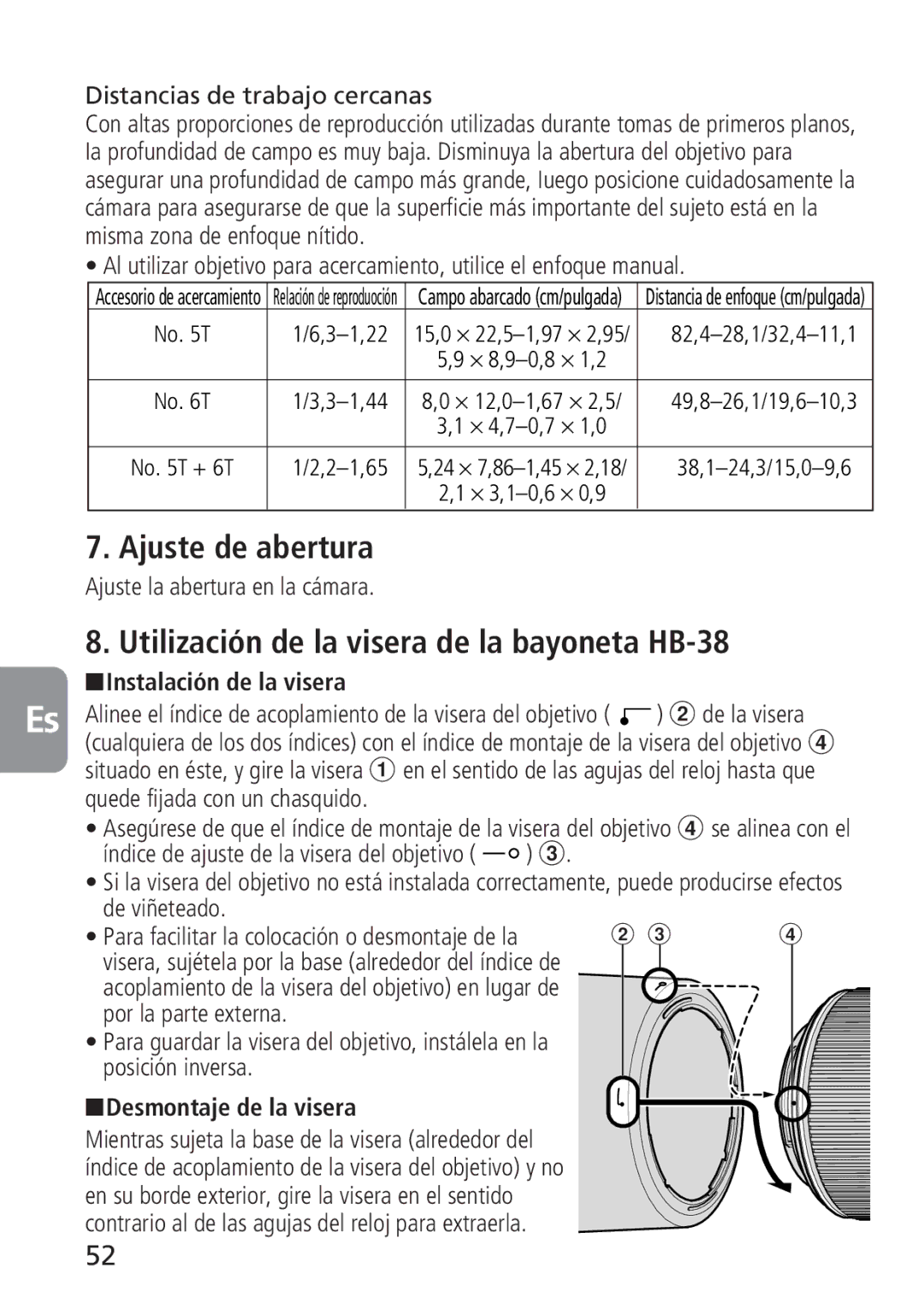 Nikon 2160, 4129 Ajuste de abertura, Utilización de la visera de la bayoneta HB-38, Instalación de la visera 