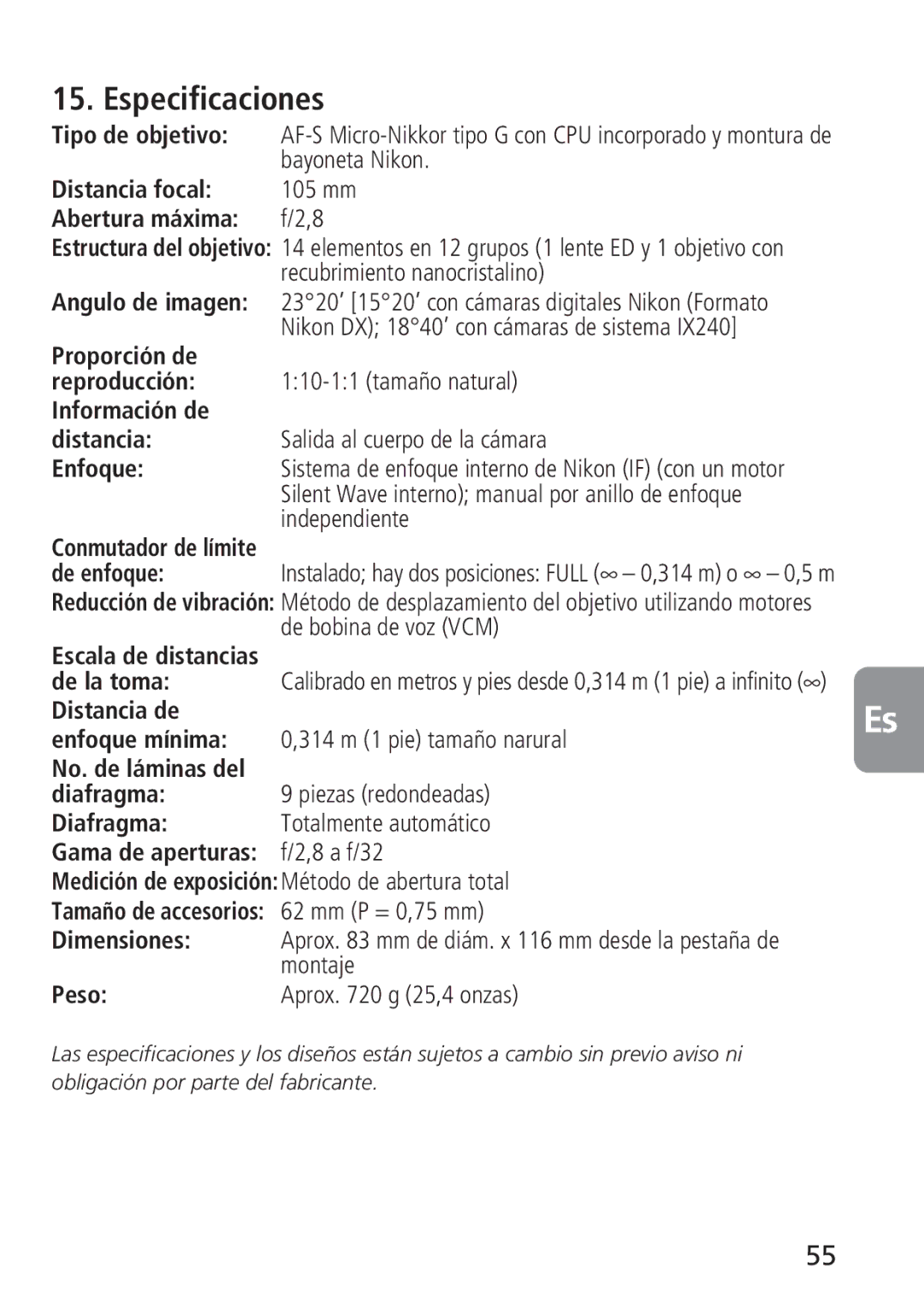 Nikon 4129, 2160 instruction manual Especificaciones 