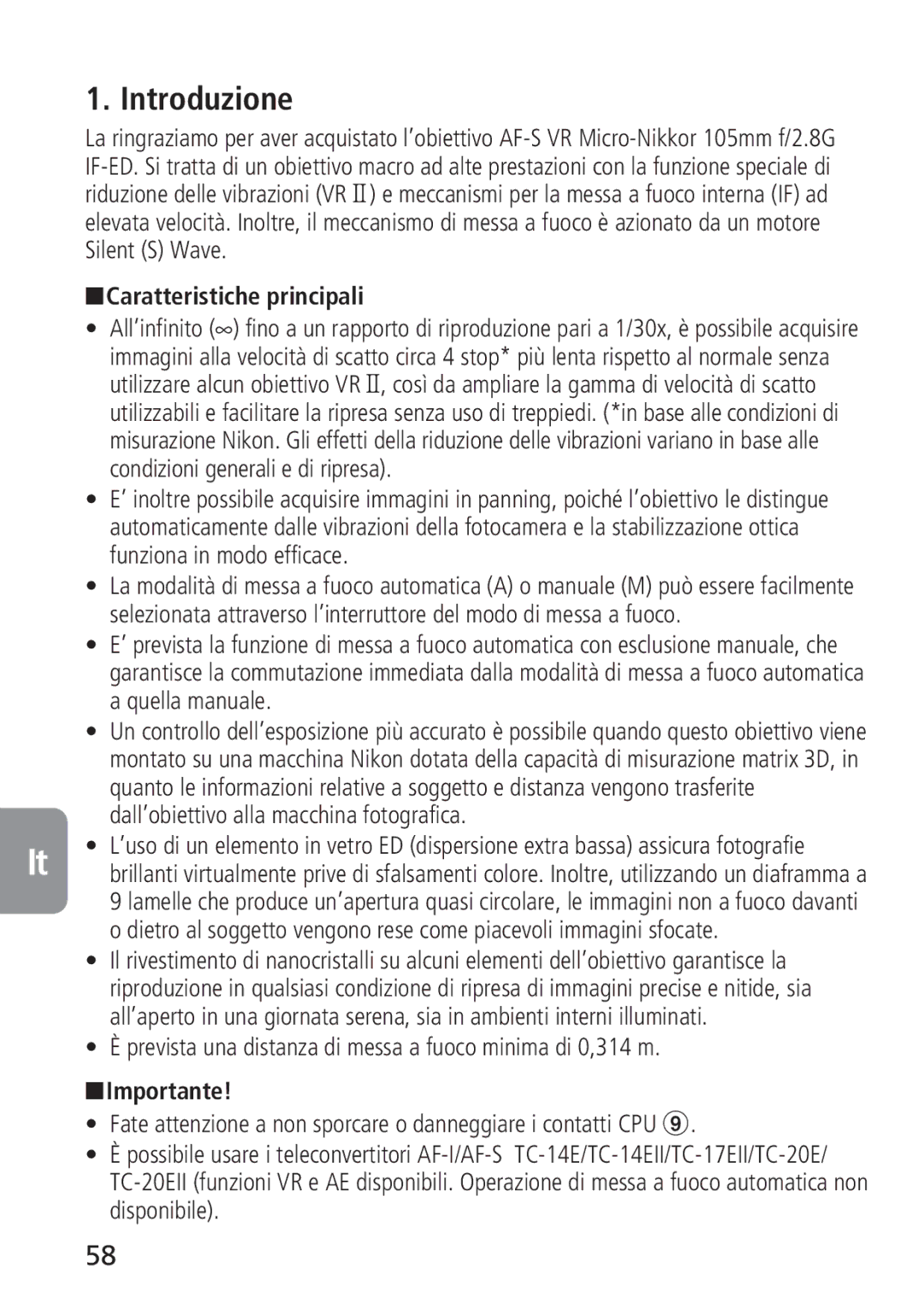 Nikon 2160, 4129 instruction manual Introduzione, Caratteristiche principali, Importante 