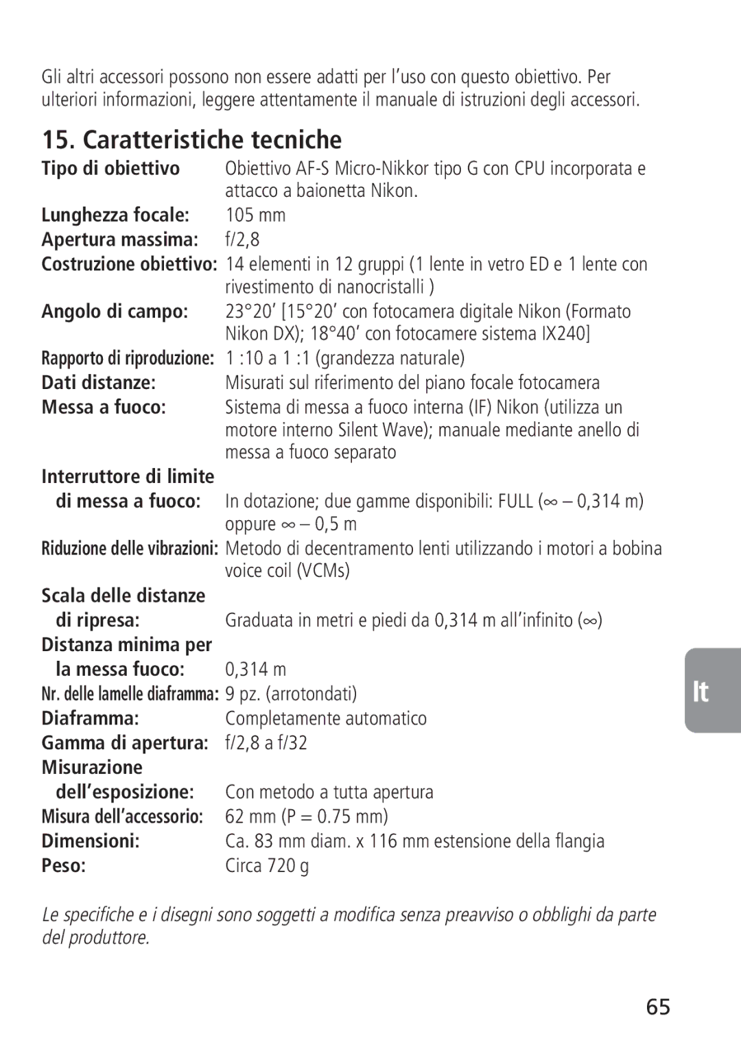 Nikon 4129, 2160 instruction manual Caratteristiche tecniche 