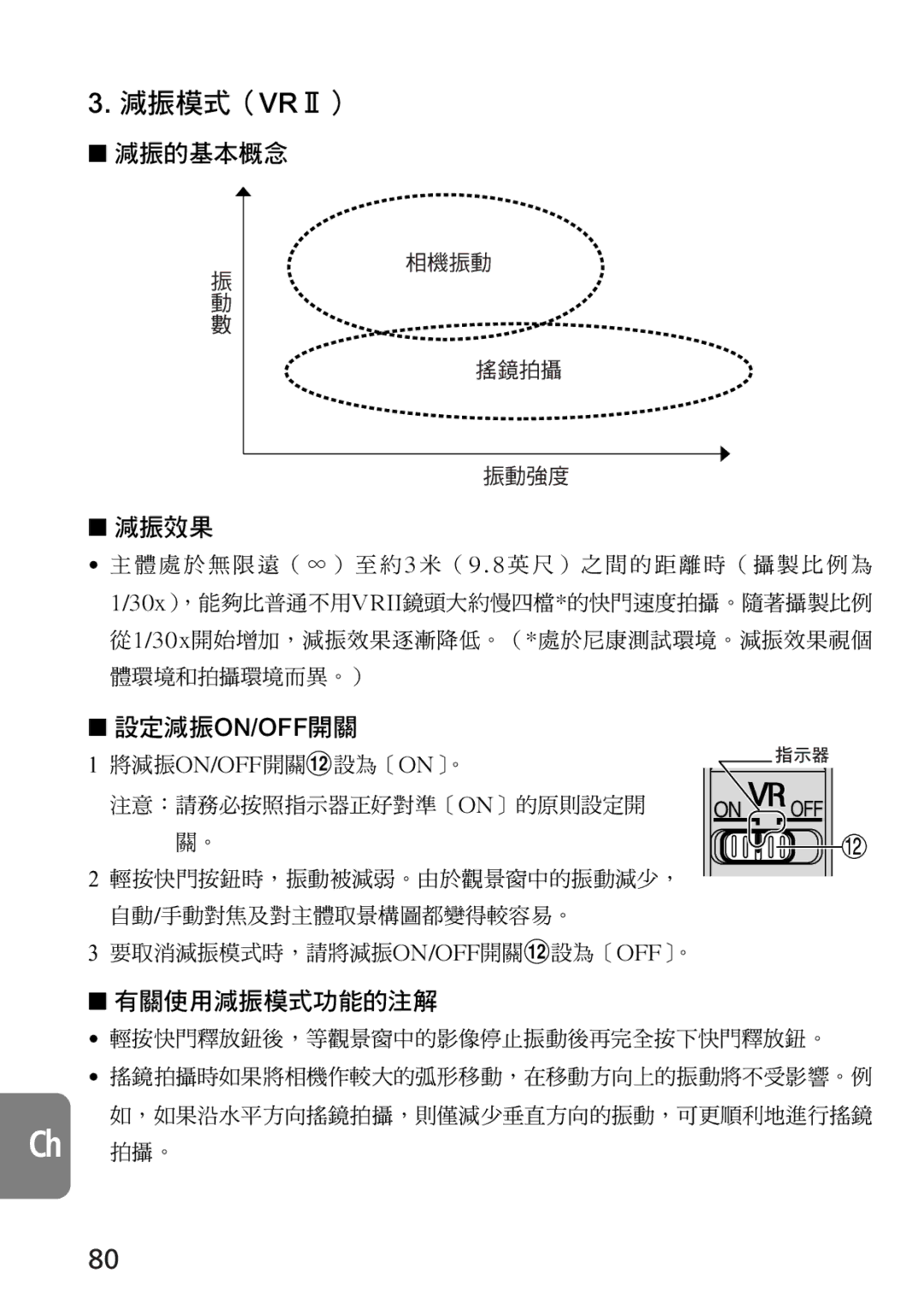 Nikon 2160, 4129 將減振on/Off開關#設為〔On〕。 注意：請務必按照指示器正好對準〔On〕的原則設定開, 自動/手動對焦及對主體取景構圖都變得較容易。 要取消減振模式時，請將減振on/Off開關#設為〔Off〕。 