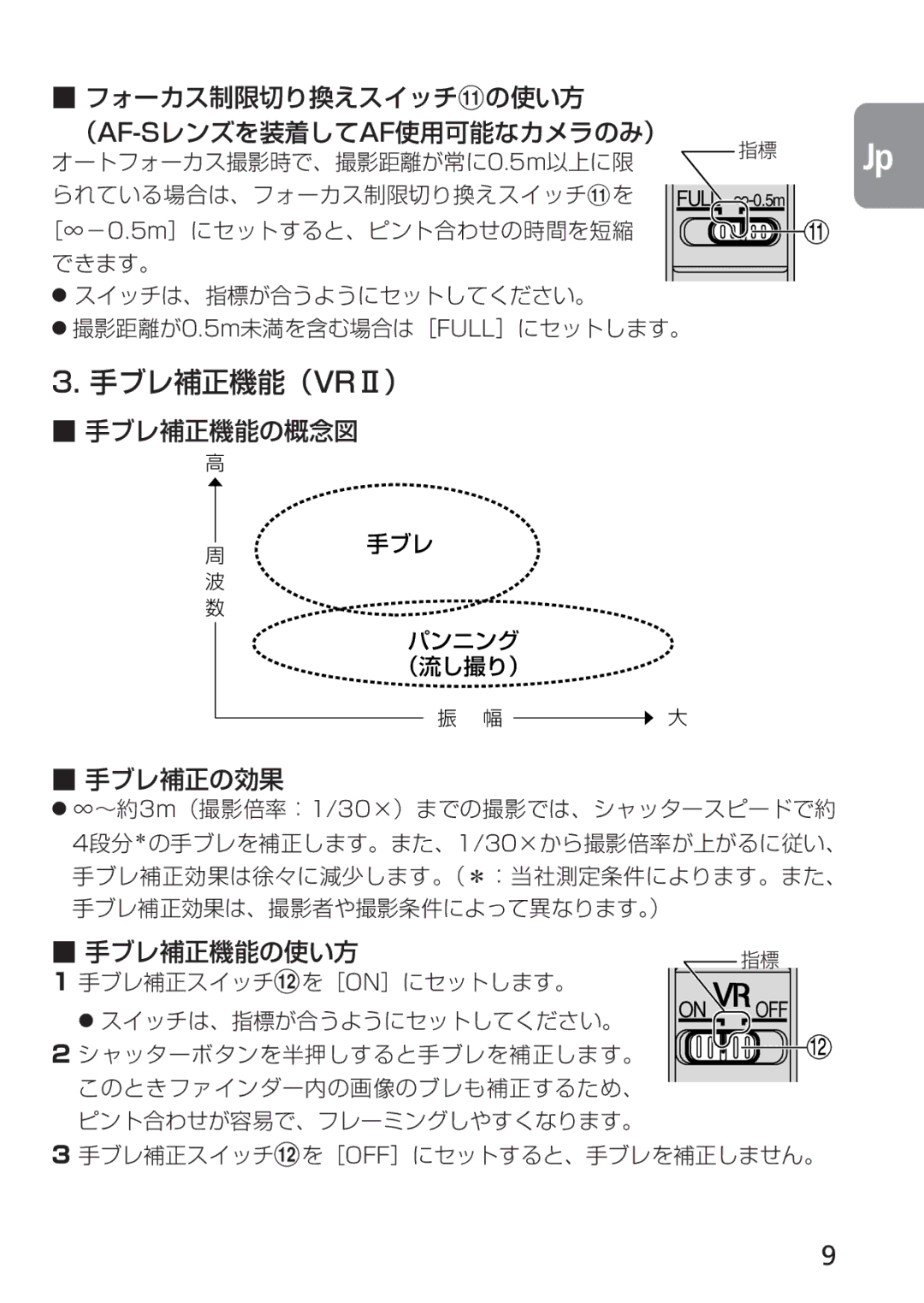 Nikon 4129, 2160 instruction manual 手ブレ補正機能（VRⅡ）, フォーカス制限切り換えスイッチの使い方 （Af-Sレンズを装着してaf使用可能なカメラのみ） 