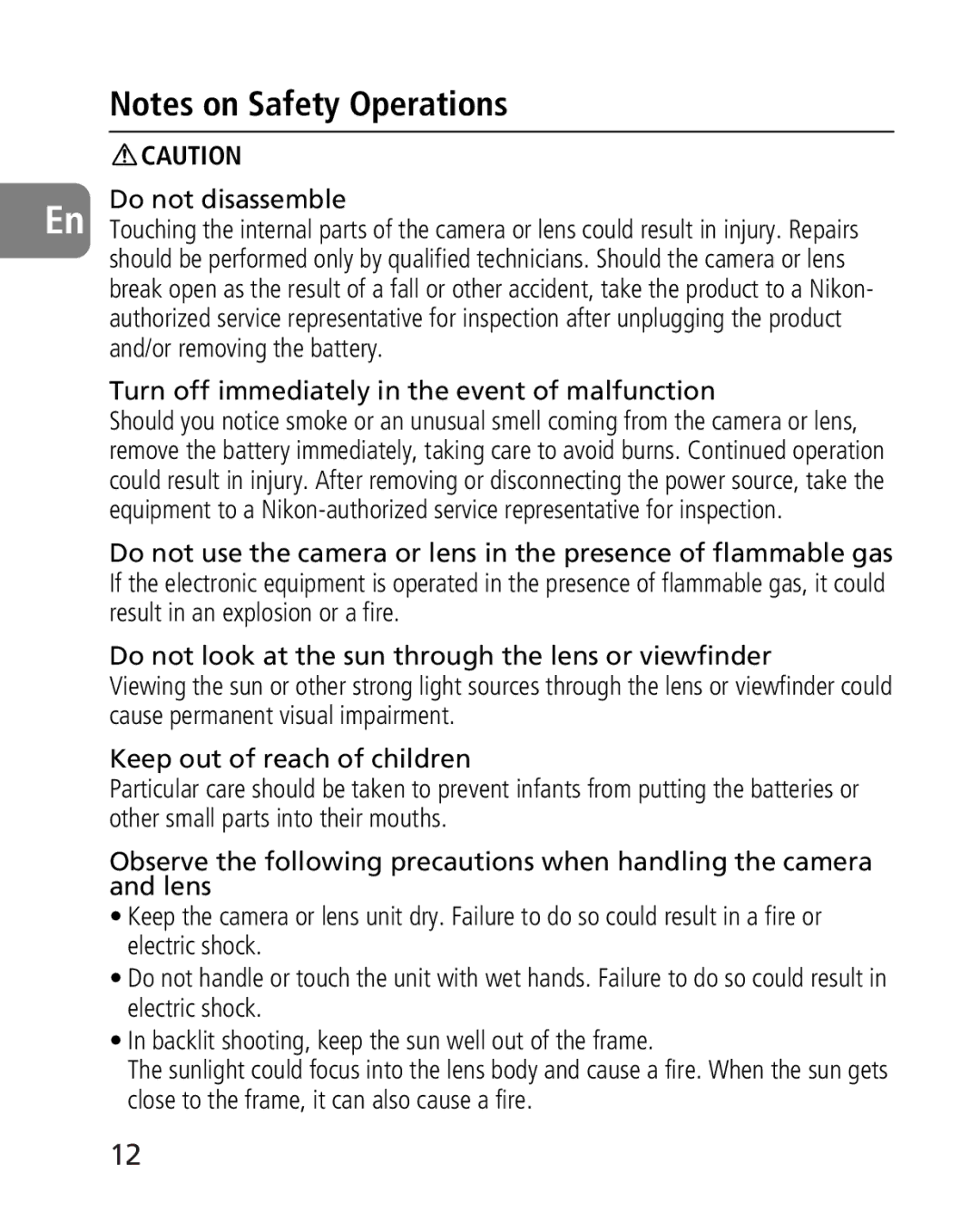 Nikon 2163, 4920 instruction manual Do not disassemble, Turn off immediately in the event of malfunction 