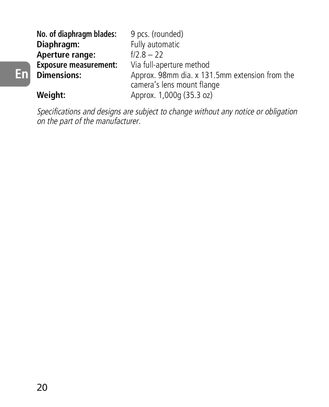 Nikon 2163, 4920 instruction manual Diaphragm, Aperture range, En Dimensions, Weight 