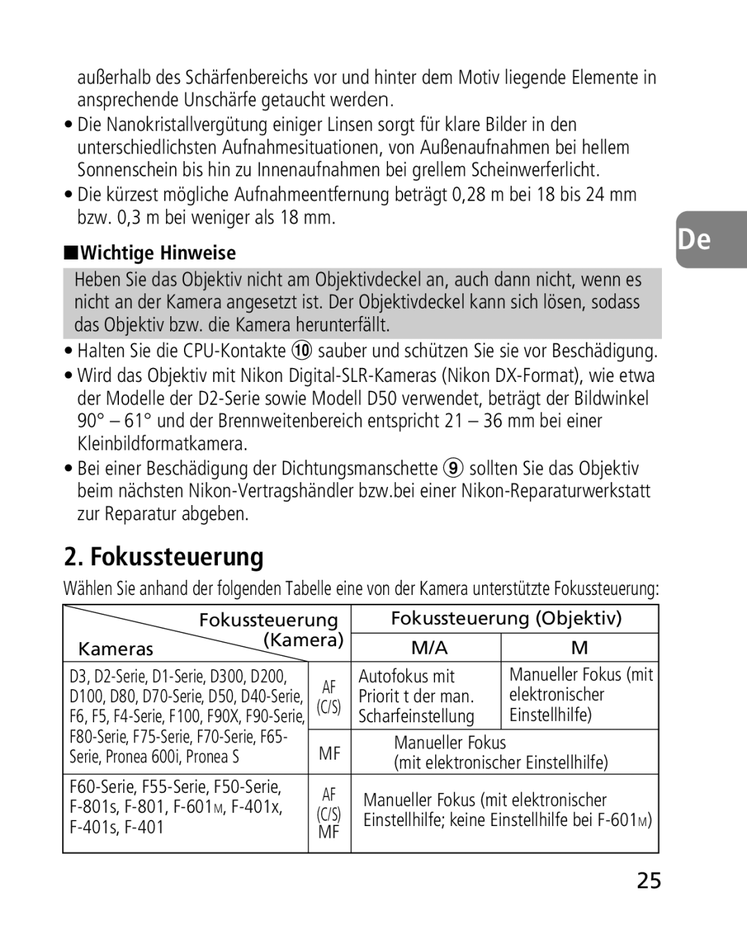 Nikon 4920, 2163 instruction manual Fokussteuerung, Wichtige Hinweise, Das Objektiv bzw. die Kamera herunterfällt 