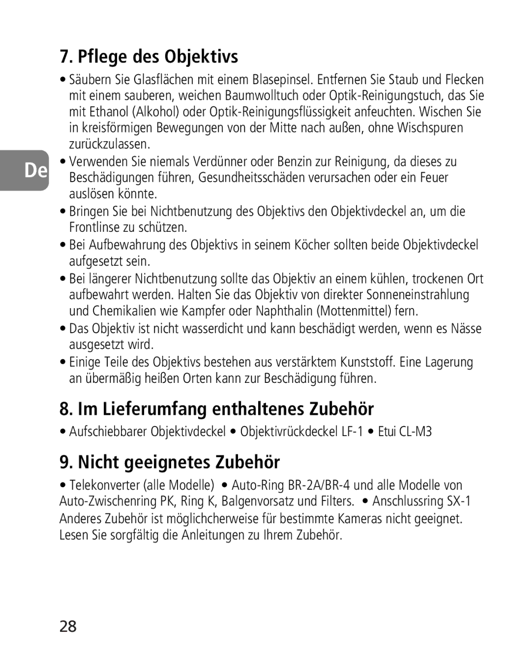 Nikon 2163, 4920 instruction manual Pflege des Objektivs, Im Lieferumfang enthaltenes Zubehör, Nicht geeignetes Zubehör 