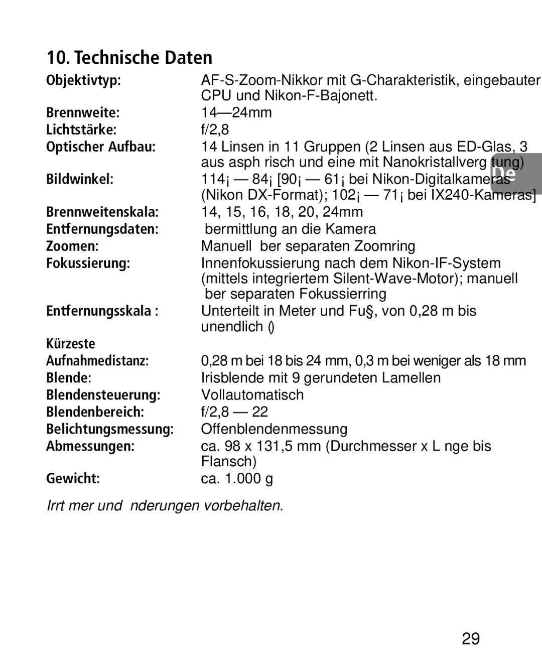 Nikon 4920, 2163 instruction manual Technische Daten 