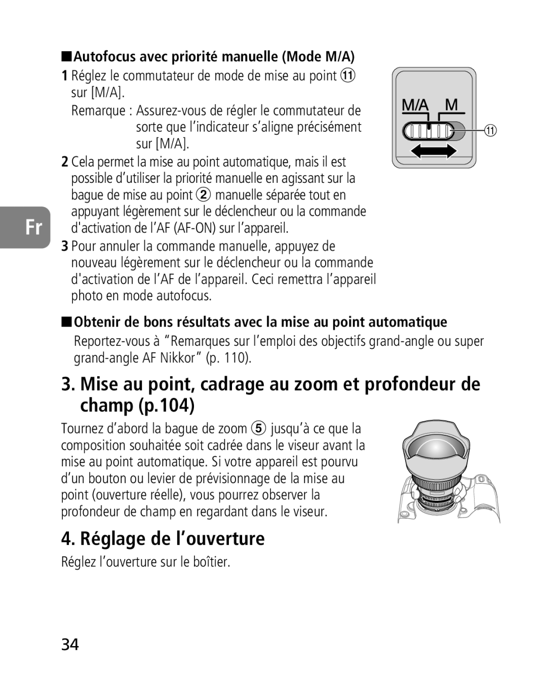 Nikon 2163, 4920 instruction manual Mise au point, cadrage au zoom et profondeur de champ p.104, Réglage de l’ouverture 