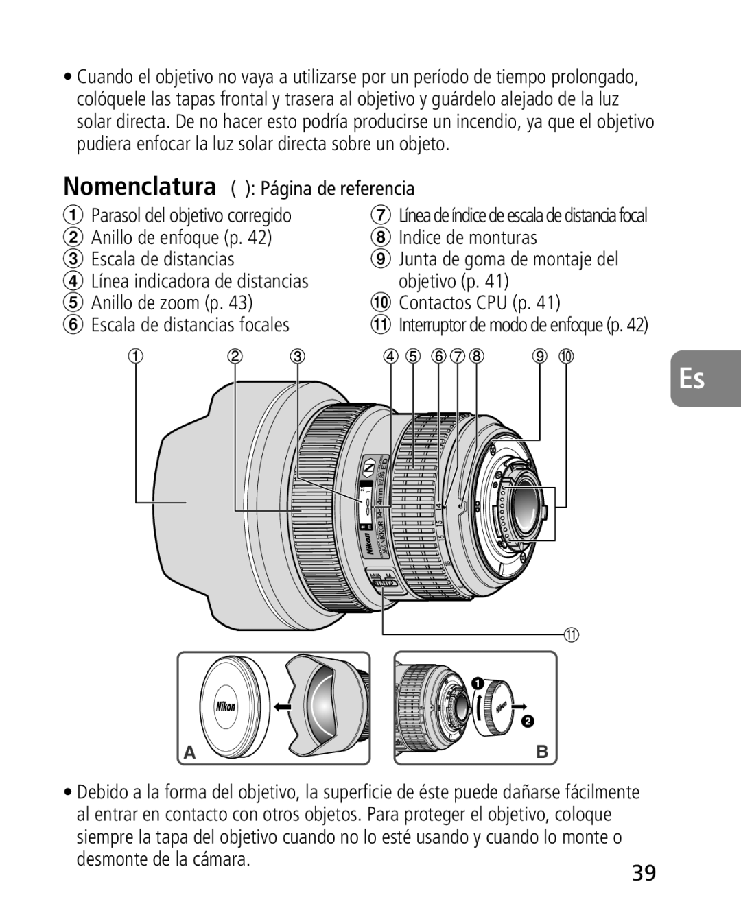 Nikon 4920, 2163 instruction manual Anillo de enfoque p Indice de monturas Escala de distancias, Desmonte de la cámara 