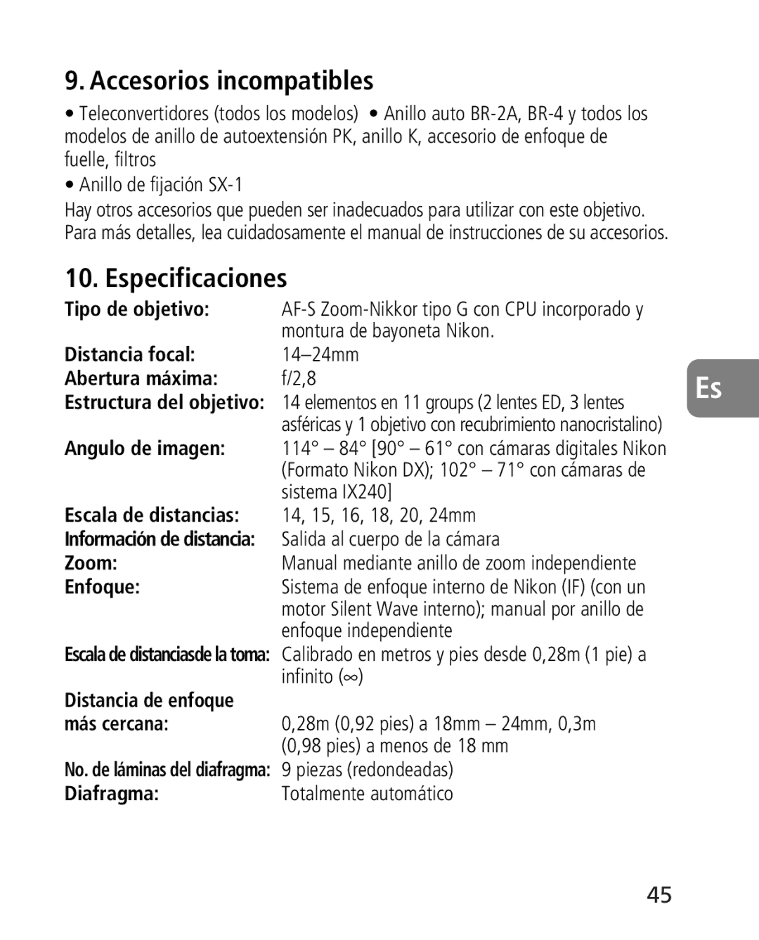 Nikon 4920, 2163 instruction manual Accesorios incompatibles, Especificaciones 