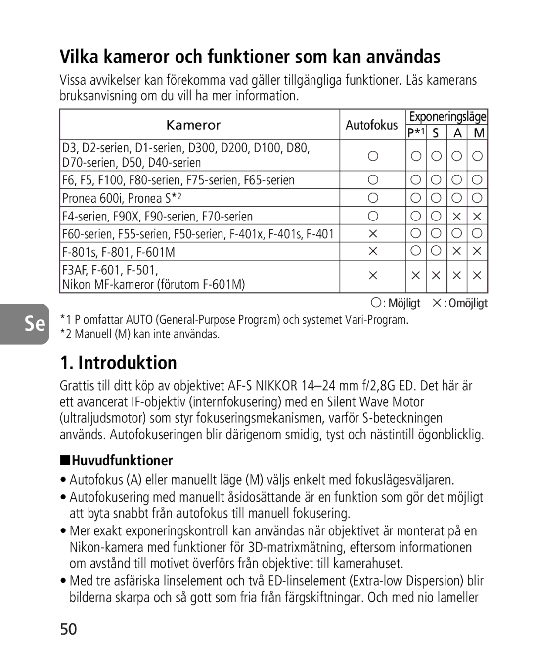 Nikon 2163, 4920 Vilka kameror och funktioner som kan användas, Introduktion, Huvudfunktioner, Kameror Autofokus 