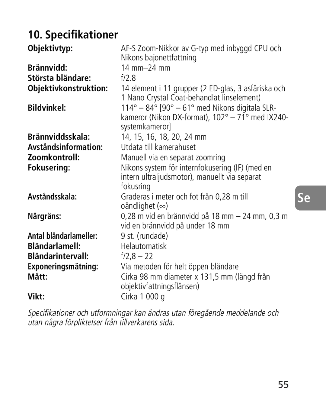 Nikon 4920, 2163 instruction manual Specifikationer 