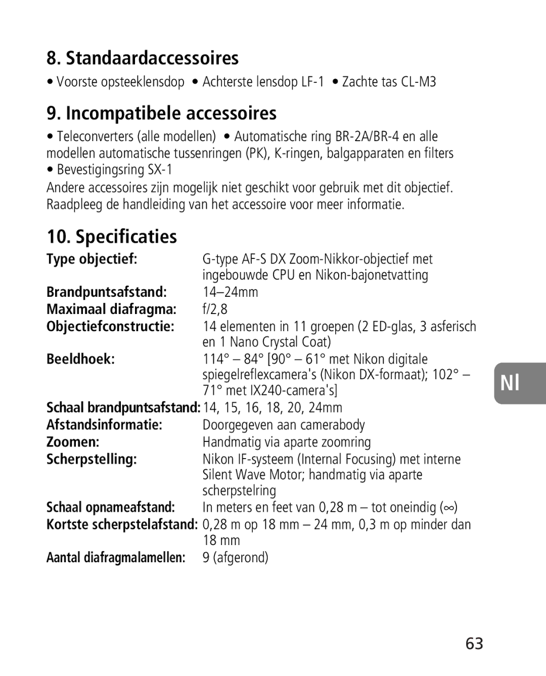 Nikon 4920, 2163 instruction manual Standaardaccessoires, Incompatibele accessoires, Specificaties 