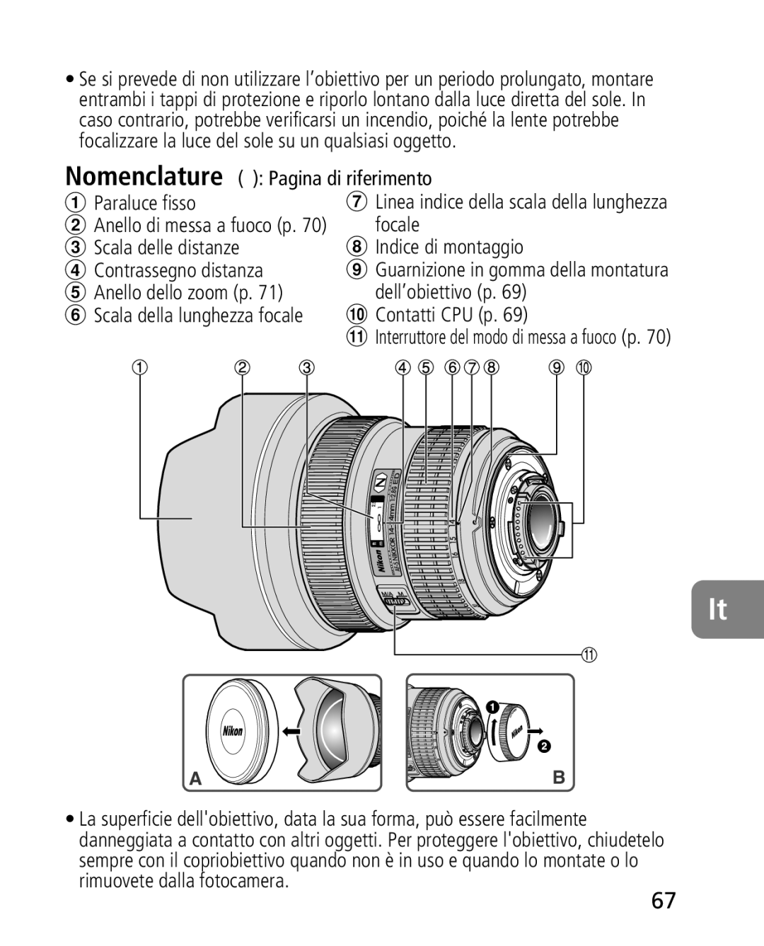 Nikon 4920 Nomenclature Pagina di riferimento Paraluce fisso, Focale, Anello dello zoom p Dell’obiettivo p, Contatti CPU p 