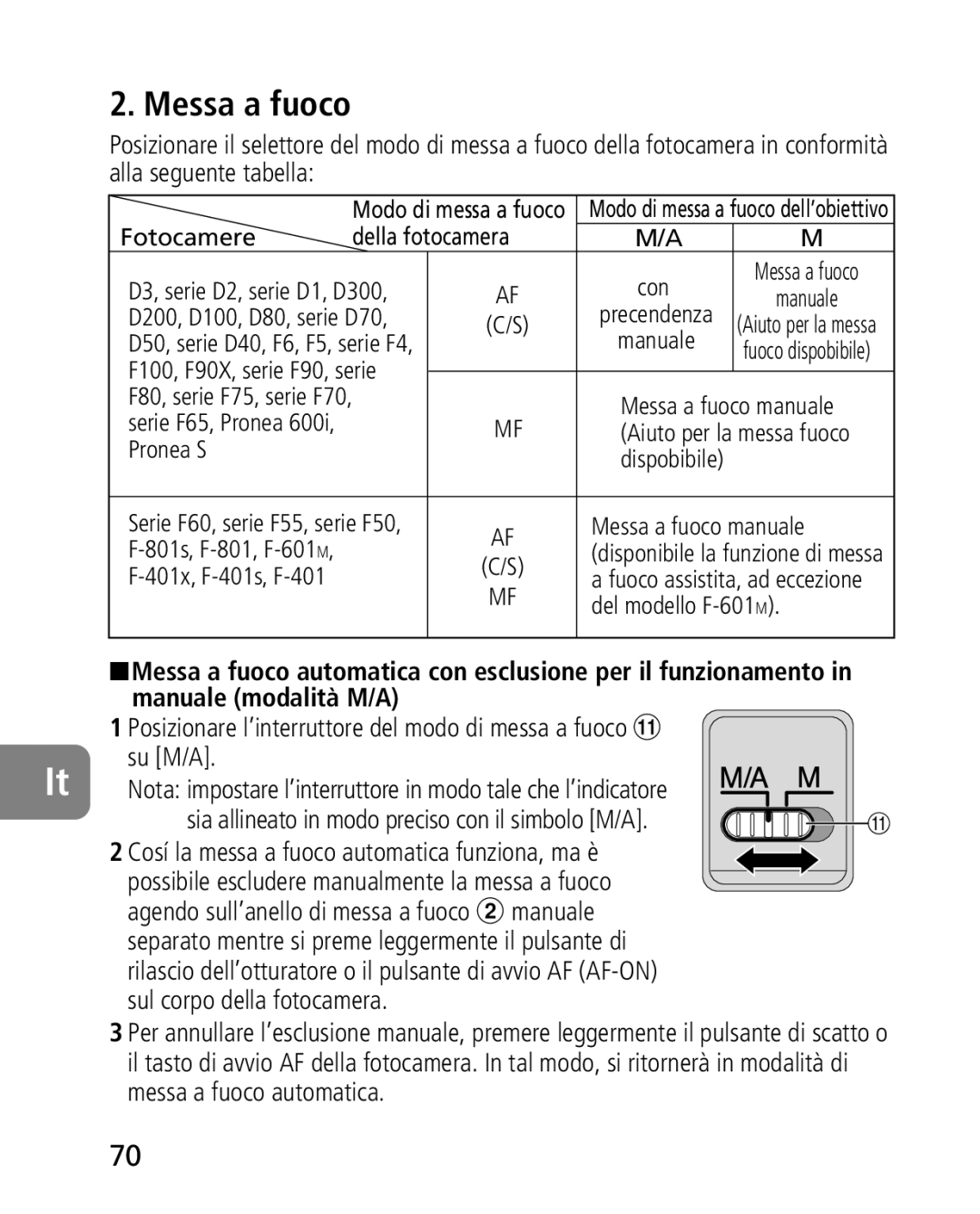 Nikon 2163, 4920 instruction manual Messa a fuoco, Su M/A 