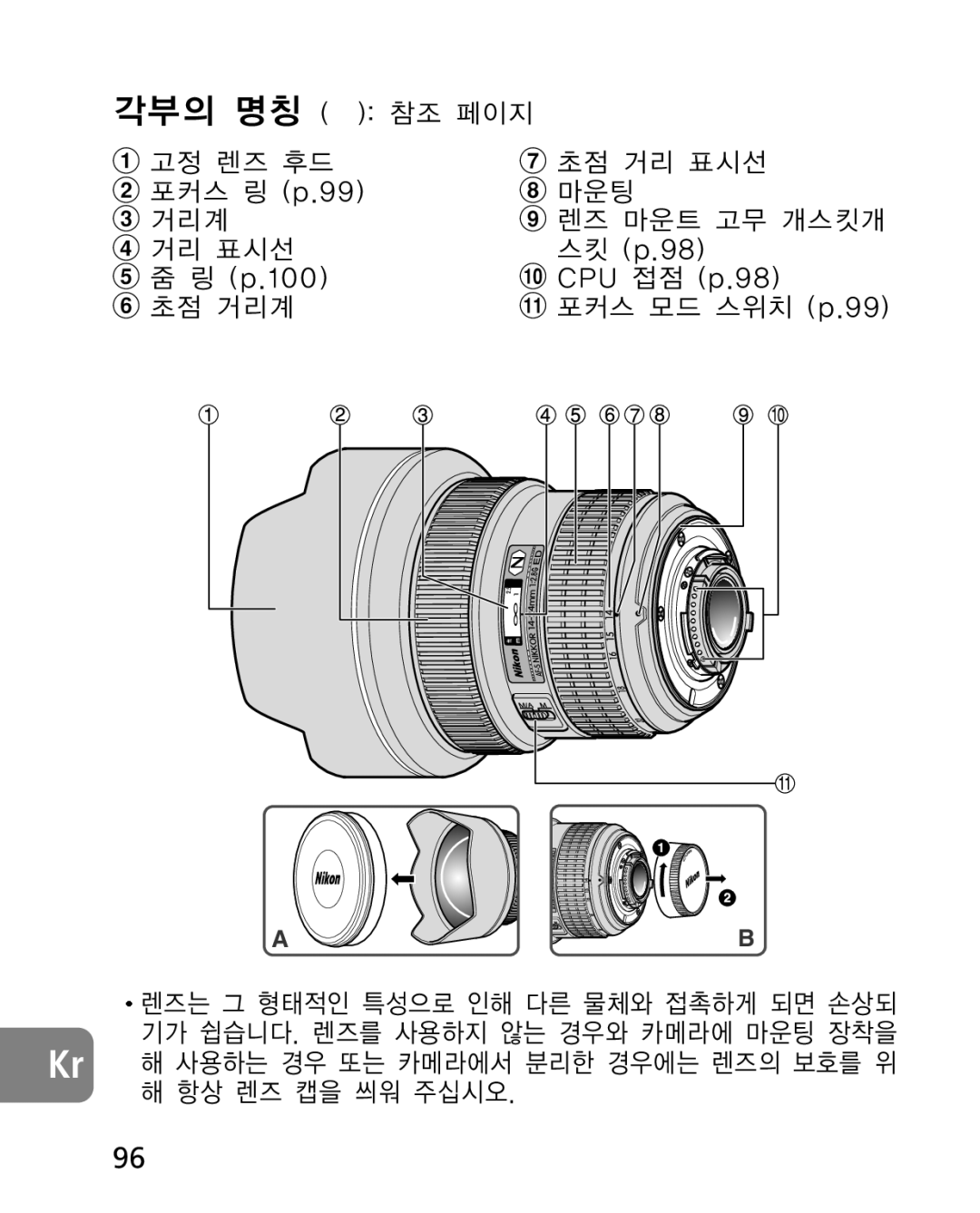 Nikon 2163, 4920 instruction manual 각부의 명칭, 항상 렌즈 캡을 씌워 주십시오 