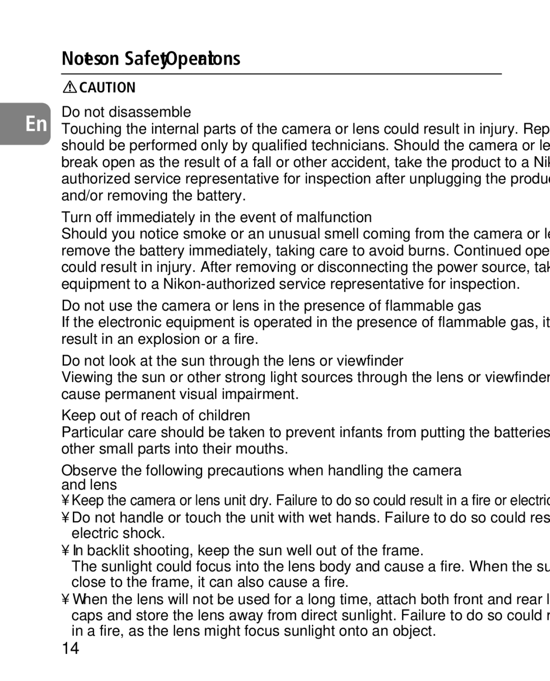 Nikon 2164 instruction manual Do not disassemble, Turn off immediately in the event of malfunction 