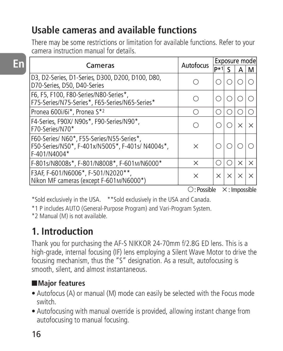 Nikon 2164 instruction manual Usable cameras and available functions, Introduction, Major features 