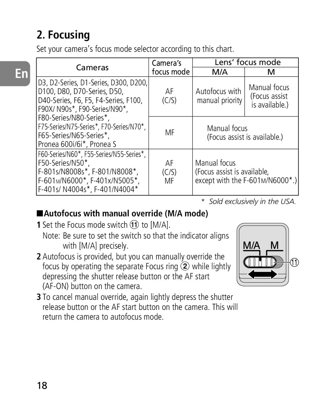 Nikon 2164 instruction manual Focusing, Autofocus with manual override M/A mode, Set the Focus mode switch to M/A 