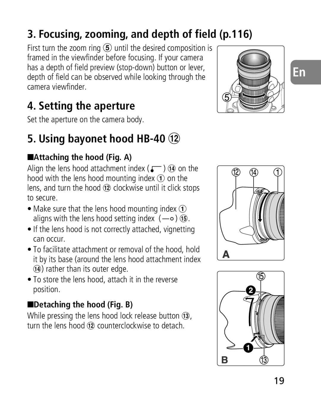 Nikon 2164 instruction manual Focusing, zooming, and depth of field p.116, Setting the aperture, Using bayonet hood HB-40 # 