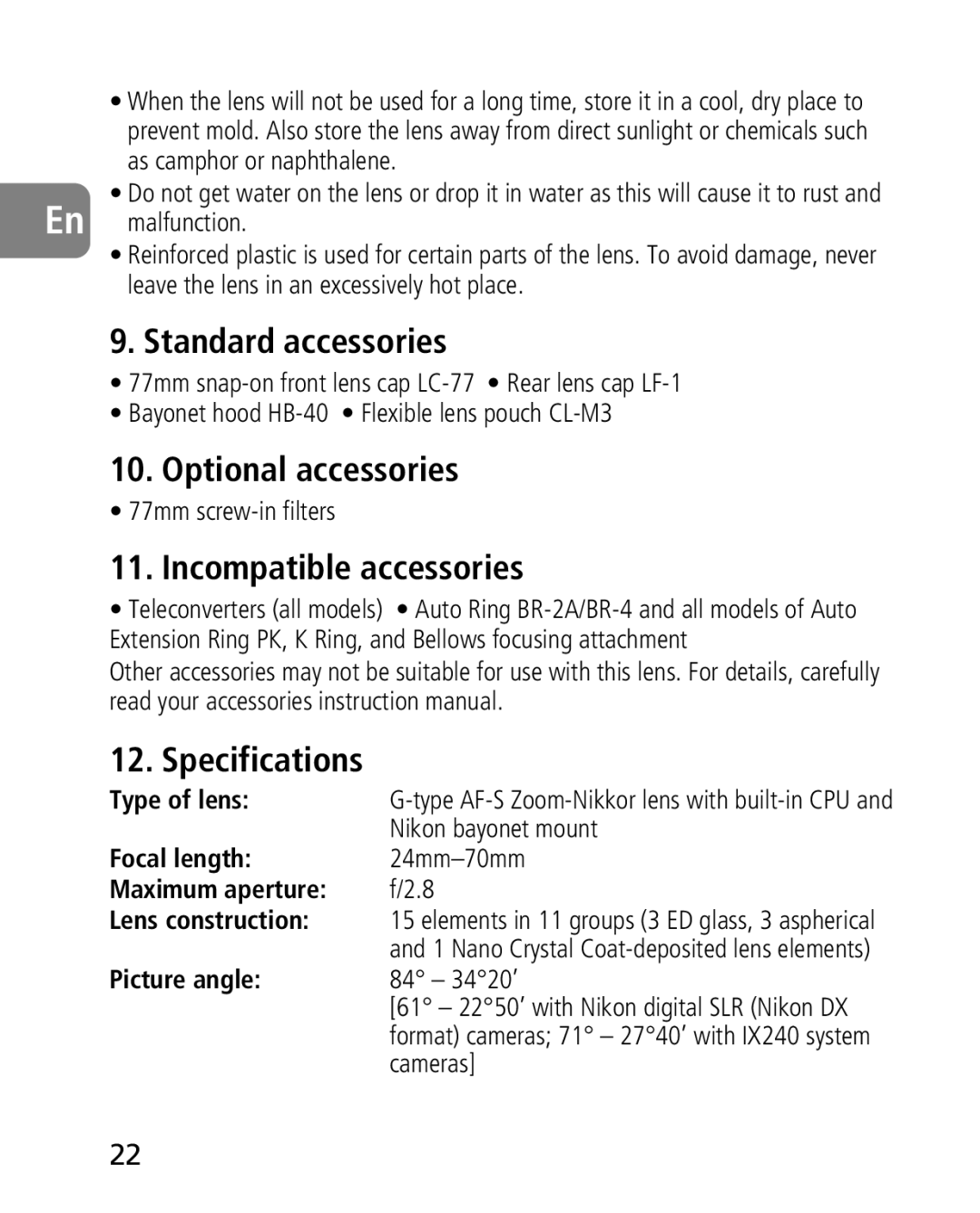 Nikon 2164 instruction manual Standard accessories, Optional accessories, Incompatible accessories, Specifications 