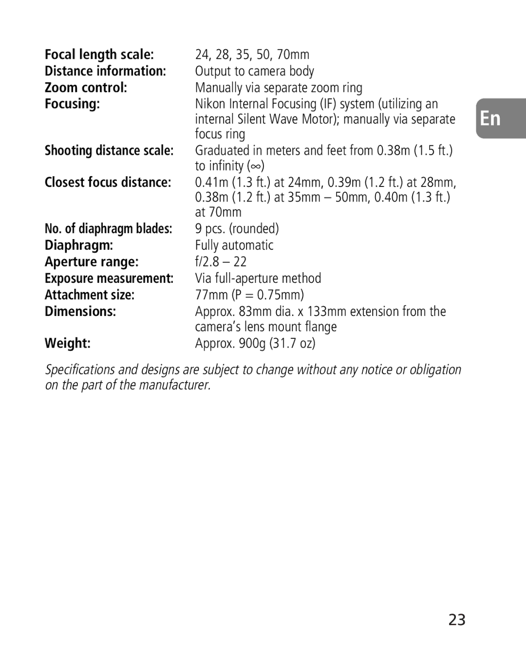 Nikon 2164 Focal length scale, Zoom control, Focusing, Diaphragm, Aperture range, Attachment size, Dimensions, Weight 