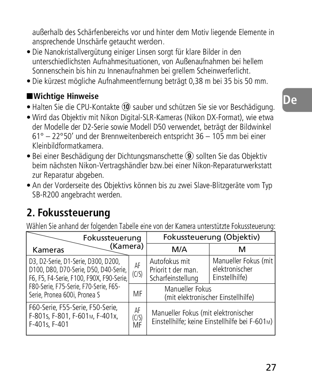 Nikon 2164 Fokussteuerung, Wichtige Hinweise, Kleinbildformatkamera, Zur Reparatur abgeben, SB-R200 angebracht werden 