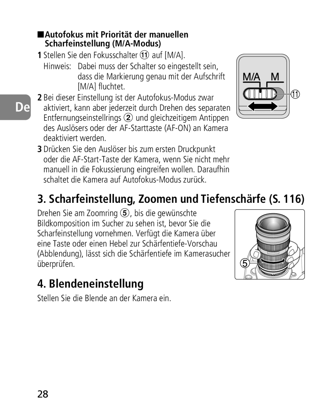 Nikon 2164 Blendeneinstellung, Stellen Sie den Fokusschalter auf M/A, Stellen Sie die Blende an der Kamera ein 